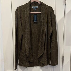 Karen Scott Olive Cardigan Sweater with Draped Front and Full-Length Sleeves